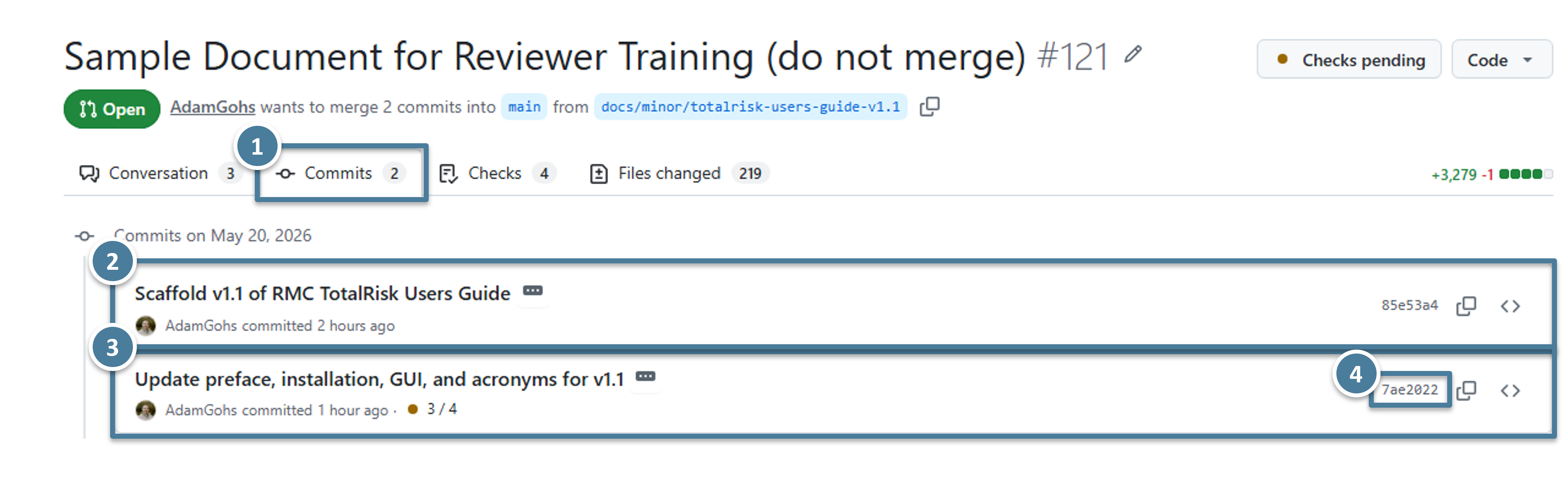 The Commits tab of PR #121, showing the scaffolding commit and the content commit