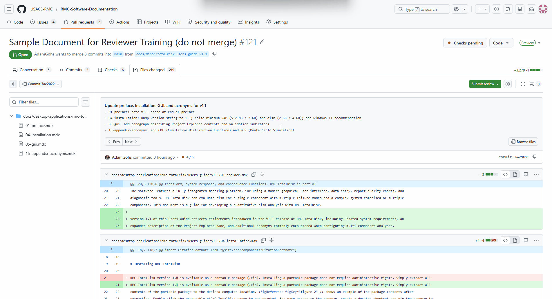 Split view in action — the old version of a line is on the left in red, and the new version is on the right in green, with a vertical divider down the middle