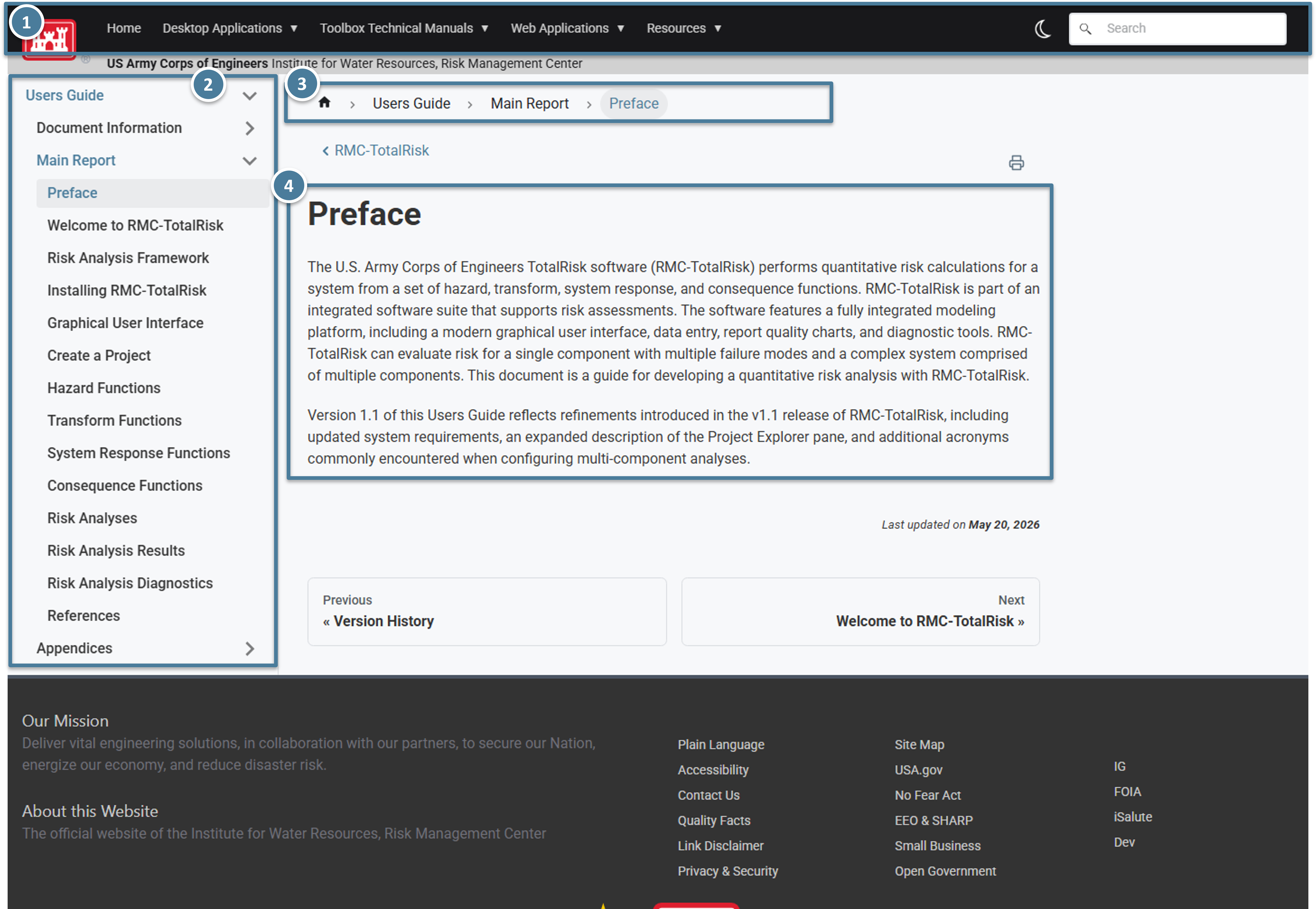 The preview-deployed site showing the in-review revision of the TotalRisk Users Guide
