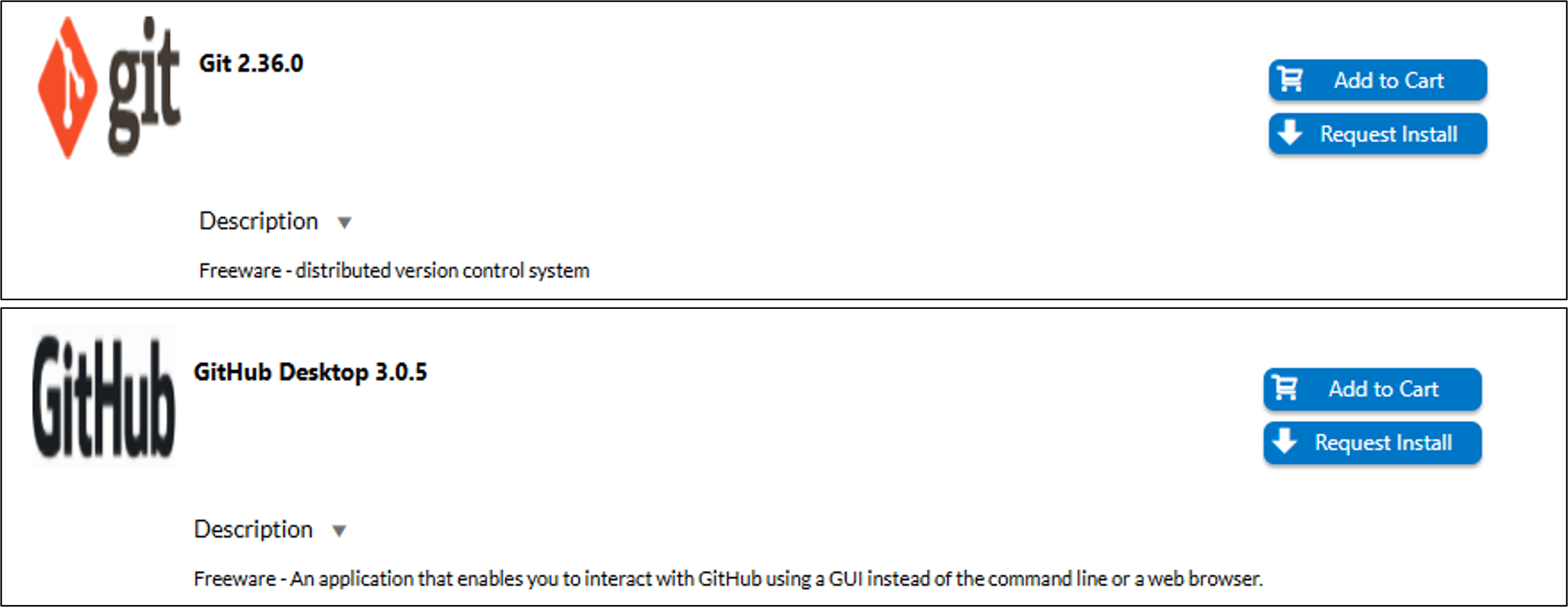 USACE App Portal showing Git and GitHub Desktop available for request