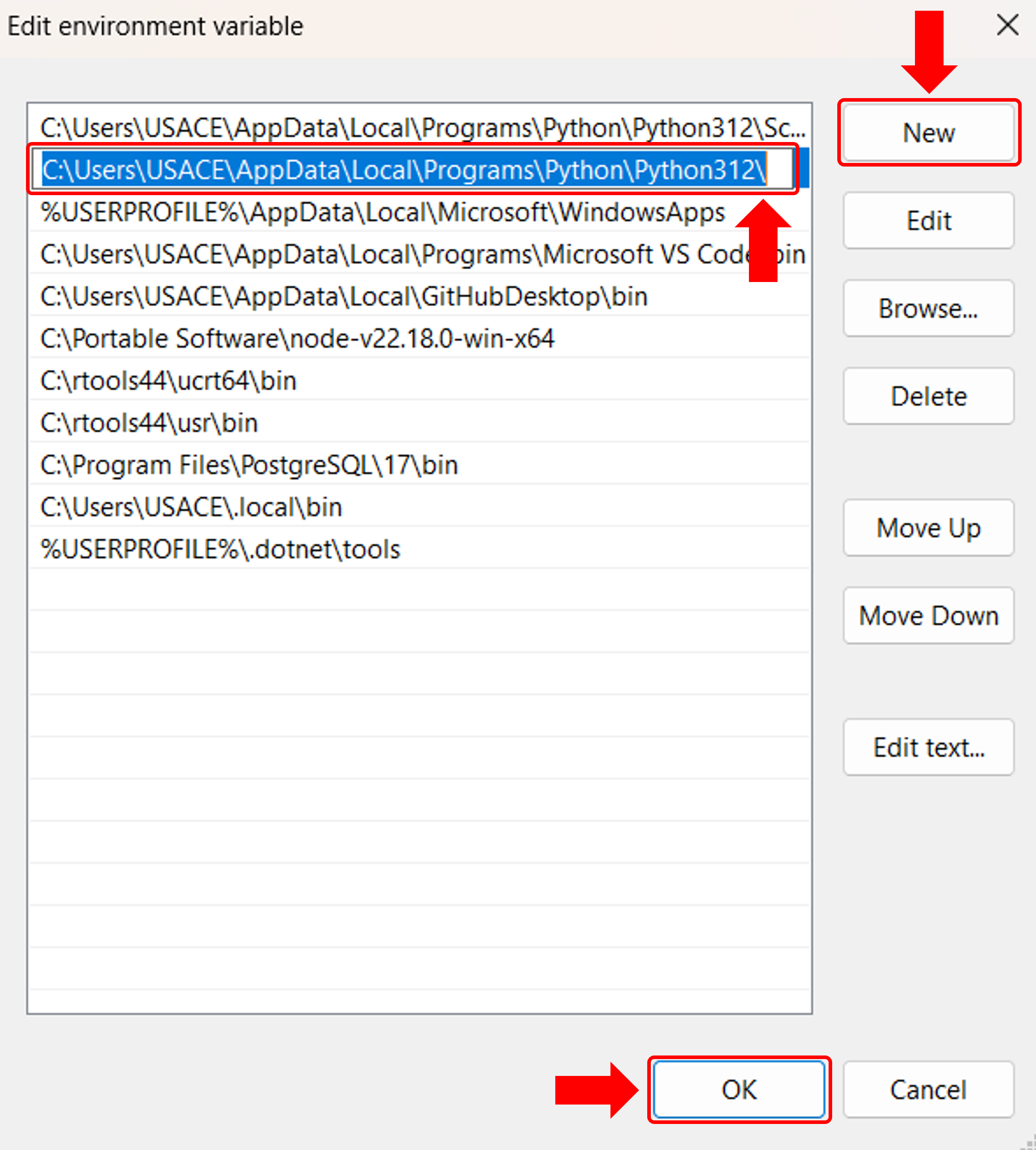 Edit environment variable window showing Python paths added to the user PATH list, with the New and OK buttons highlighted