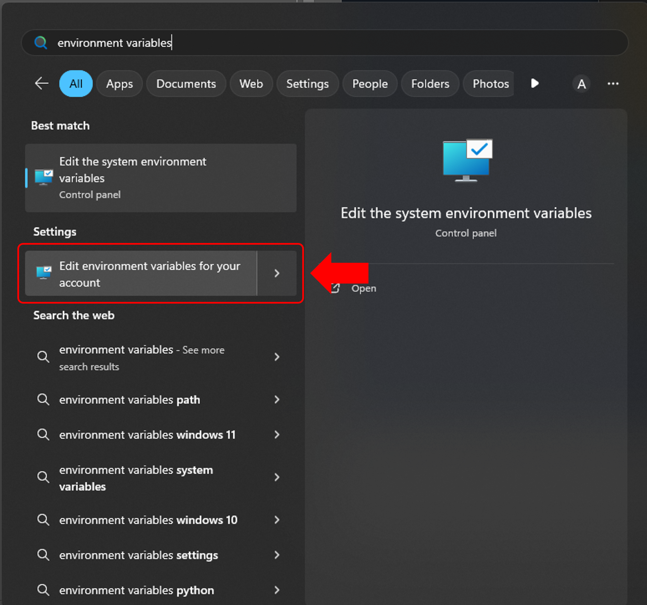 Windows Search showing Edit environment variables for your account under Settings