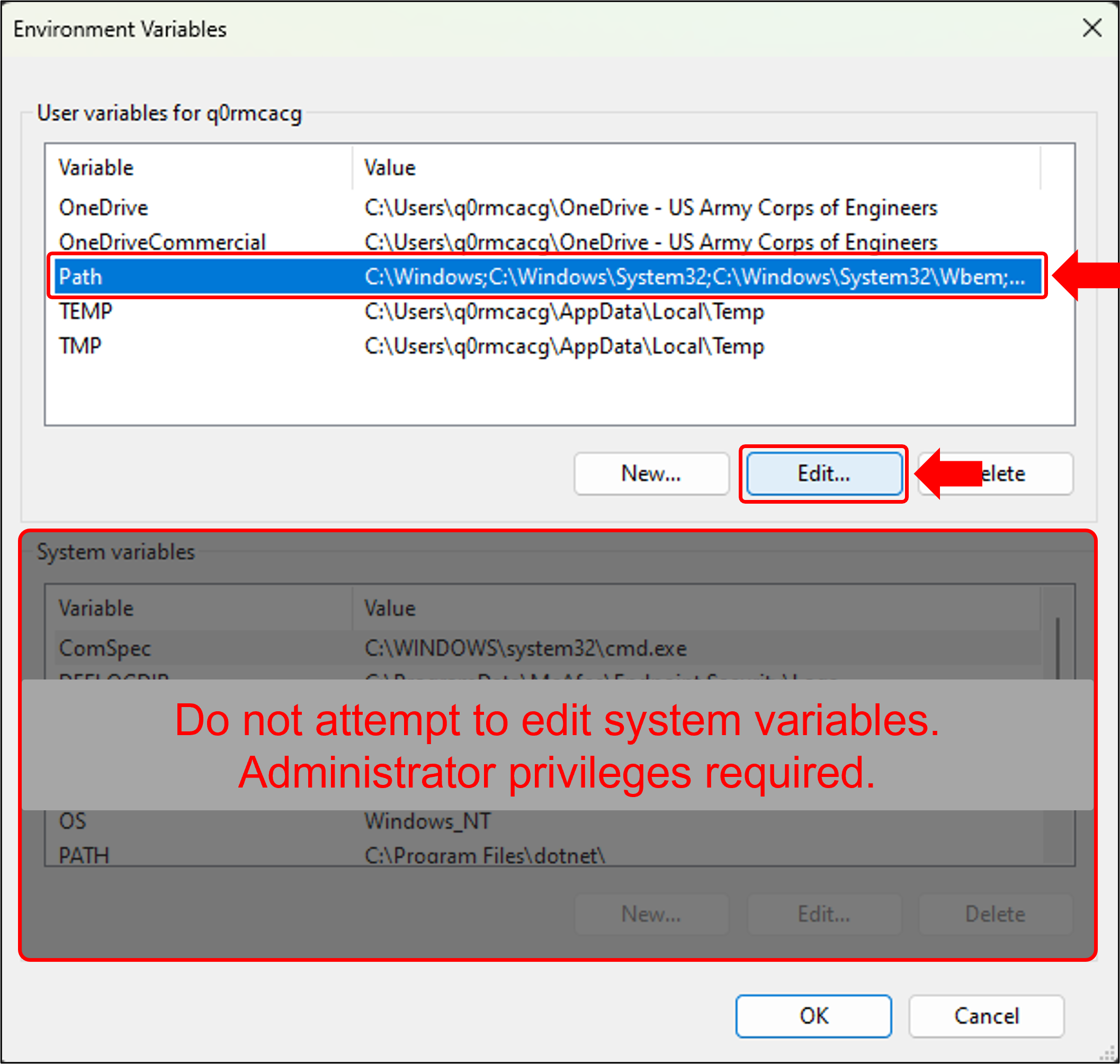 Environment Variables window with Path selected under User variables and the Edit button highlighted. The System variables section is grayed out with a warning not to edit system variables.