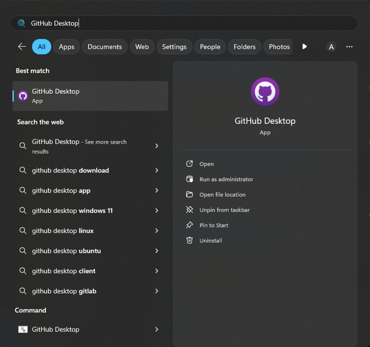 GitHub Desktop application icon in the Windows Start Menu