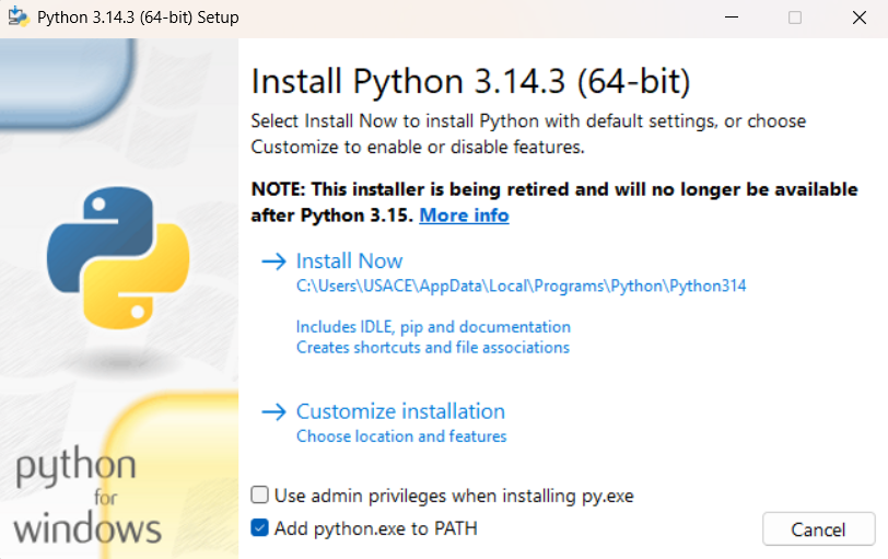 Python installer showing the Add python.exe to PATH checkbox at the bottom of the first screen