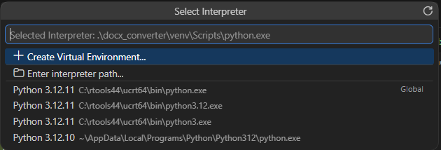 VS Code Command Palette showing search results for Python Select Interpreter