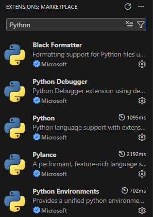 VS Code Extensions marketplace with the Python extension by Microsoft shown