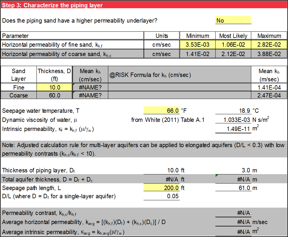 Step 3 of Sellmeijer worksheet: Probabilistic input for single-layer aquifer without using @RISK.