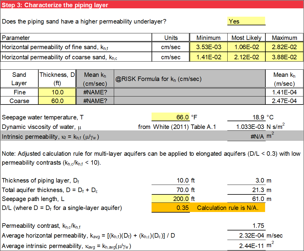 Step 3 of Sellmeijer worksheet: Probabilistic input for multi-layer aquifer without using @RISK.