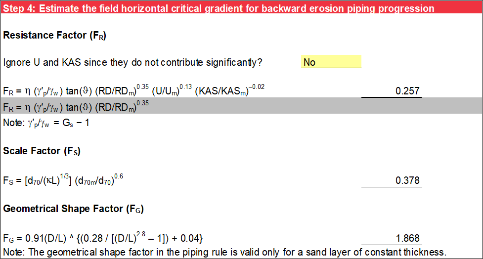 Step 4 of Sellmeijer worksheet: Critical gradient terms with U and KAS.
