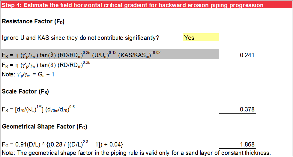 Step 4 of Sellmeijer worksheet: Critical gradient terms without U and KAS.