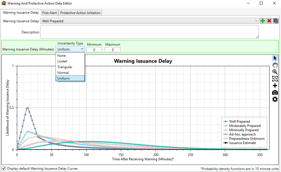 Standard warning issuance delay functions in the Warning and Protective Action Data Editor.