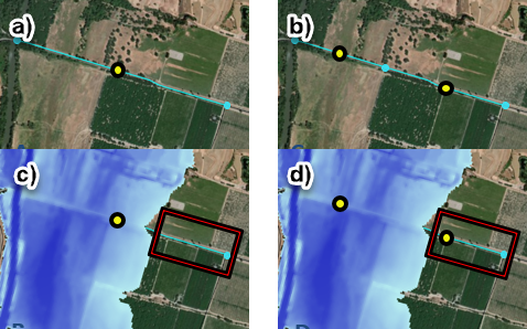 Example of roadway segment that should be split into multiple segments (a) and (c) and an appropriate modification (b) and (d).