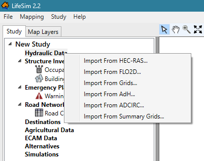 Hydraulic Data import options in LifeSim version 2.2.