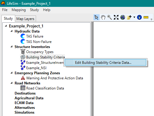 LifeSim Study Tree – Structure Inventories – Edit Building Stability Criteria Data Shortcut Command