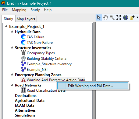 LifeSim Study Tree – Emergency Planning Zones – Edit Warning and PAI Data Shortcut Command