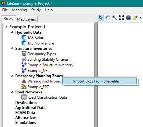 LifeSim Study Tree – Emergency Planning Zones – Import EPZs From Shapefile Shortcut Command