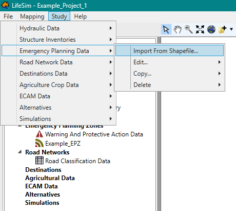 LifeSim Main Window – Study Menu – Emergency Planning Zones Sub-menu