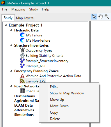 LifeSim Study Tree – Emergency Planning Zones Dataset – Shortcut Menu