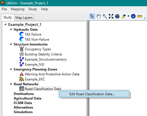 LifeSim Study Tree – Road Classification Data Shortcut Menu