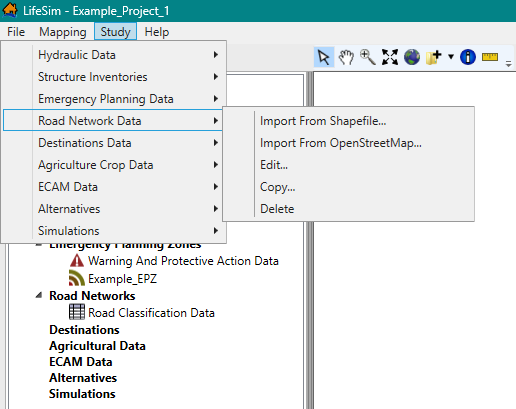 LifeSim Main Window – Study Menu – Road Network Data Sub-menu