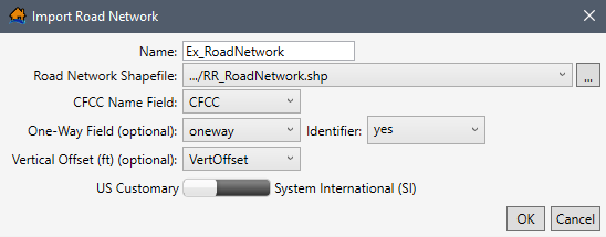 Example – Completed Import Road Network Dialog Box