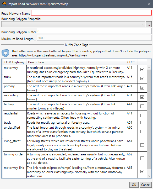 Import Road Network From OpenStreetMap Dialog Box