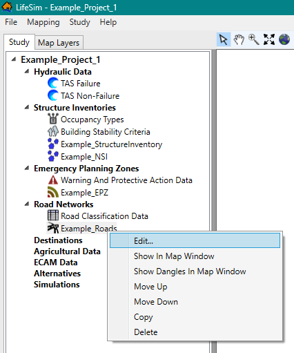 LifeSim Study Tree – Road Network Dataset – Shortcut Menu
