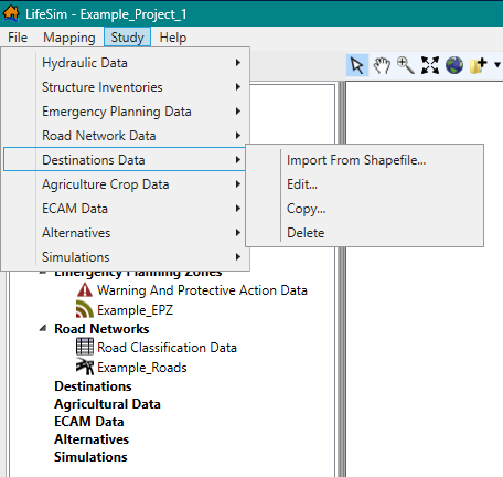 LifeSim Main Window – Study Menu – Destinations Data Sub-menu
