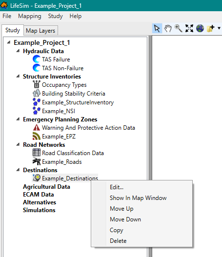 LifeSim Study Tree – Destination Dataset – Shortcut Menu