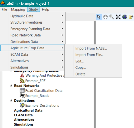 LifeSim Main Window – Study Menu – Agricultural Data Sub-menu