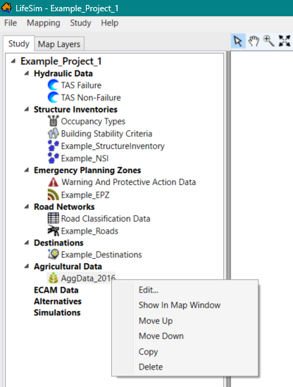 LifeSim Study Tree – Agricultural Data – Shortcut Menu