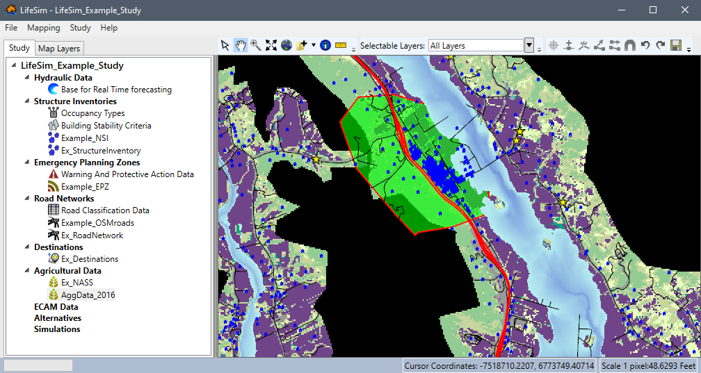 Example: LifeSim Main Window – Agricultural Data Displayed in Map Window