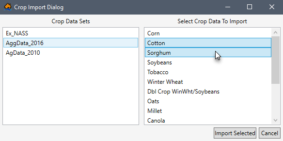 Crop Import Dialog – Example Crop Data Set Selected