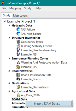LifeSim Study Tree – ECAM Data Shortcut Menu