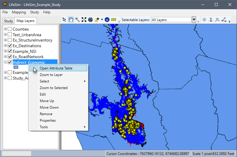 Example: LifeSim Main Window - ECAM Data Displayed in Map Window