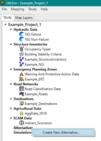 LifeSim Main Window - Study Tree - Alternatives Shortcut Menu