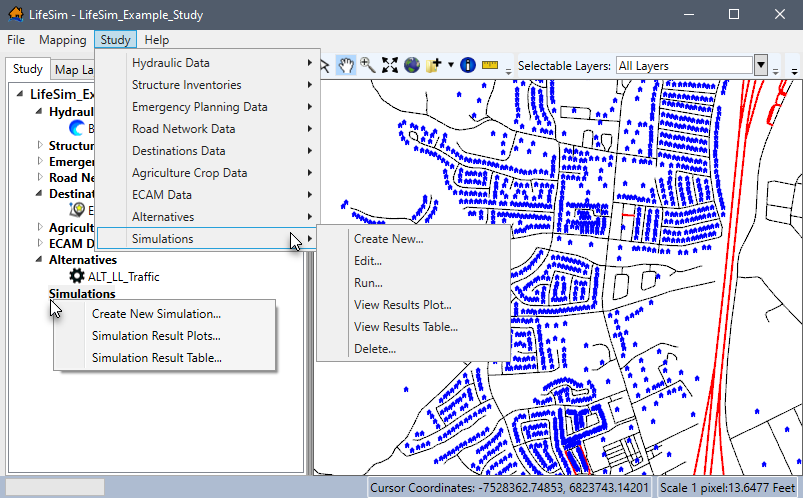 LifeSim Main Window - Simulations Study Tree Shortcut Menu & Study Menu Simulations Sub-menu