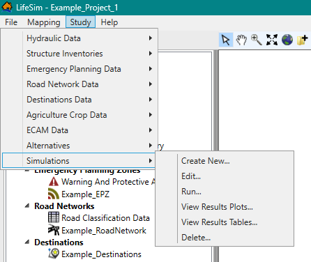 LifeSim Main Window - Study Menu Simulations Sub-Menu
