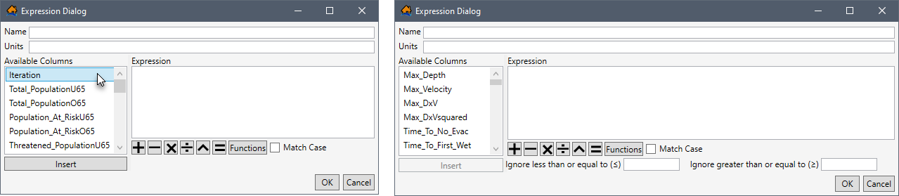 Expression Dialog: New Iteration Results (left) and New Structure Summary Results (right)