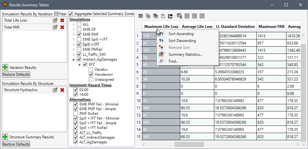 Example: Results Summary Tables - Filter Panel - Header Shortcut Menu Selected