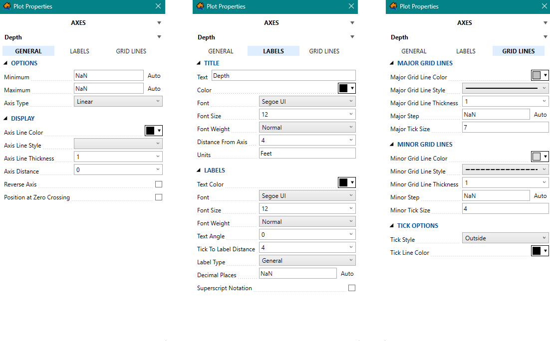Plot Properties: AXES Options – GENERAL (left) – LABELS (middle) – GRID LINES (right)