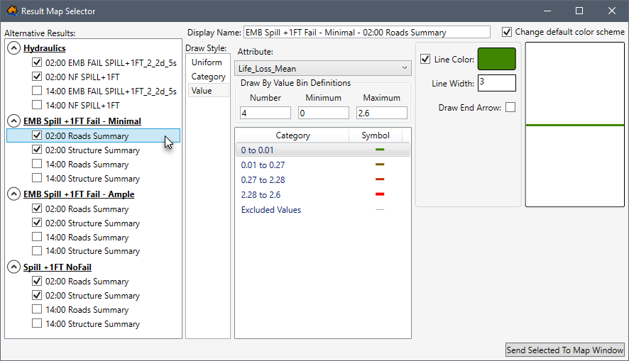 Example: Result Map Selector Dialog Box - Roads Summary Selected