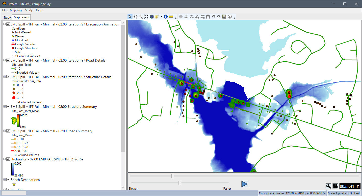Example: Main Window - Map Layers Tab & Simulation Results Maps Displayed