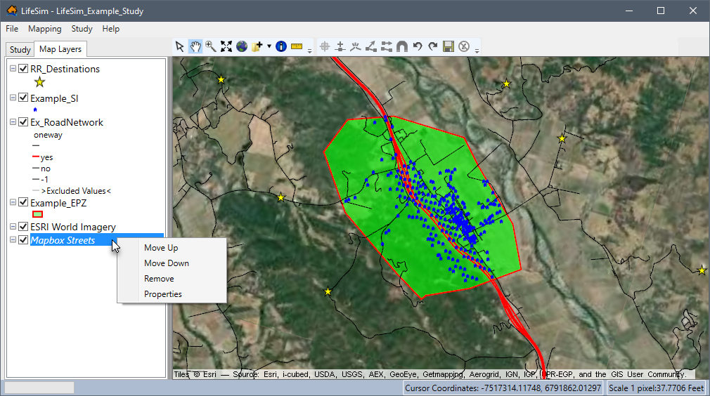 LifeSim Main Window - Map Layers Tree - Internet Map Shortcut Menu