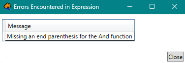 Errors Encountered in Expression Dialog Box