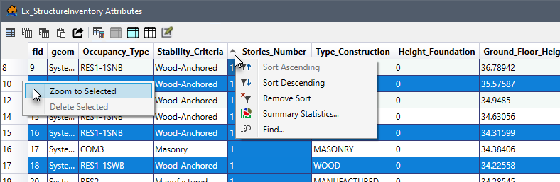 Attribute Table - Selected Rows (left) & Selected Columns (center) Shortcut Menus