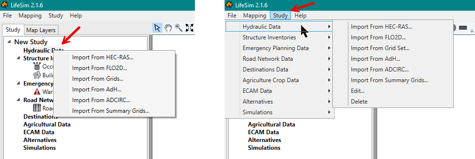 Hydraulic Data Import Options - Study Tree Shortcut Menu (left) and Menu Bar (right)