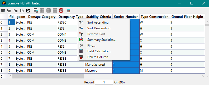 Attributes Table – Column Shortcut Menu