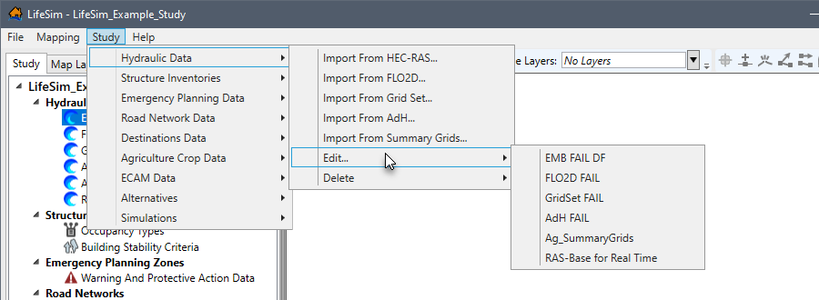 LifeSim Main Window – Study Menu – Hydraulic Data Sub-menu
